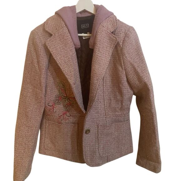 NILS women's purple/pink tweed blazer embroidered floral details removable hood - Picture 1 of 7